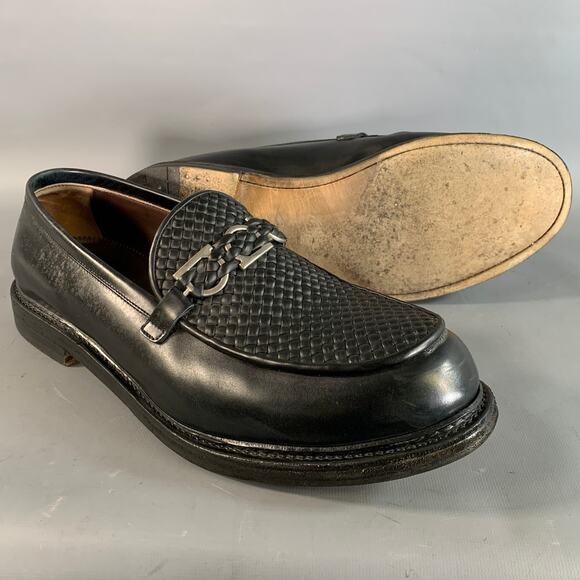 SALVATORE FERRAGAMO Size 12 Black Silver Woven Leather Penny Loafers main image 6